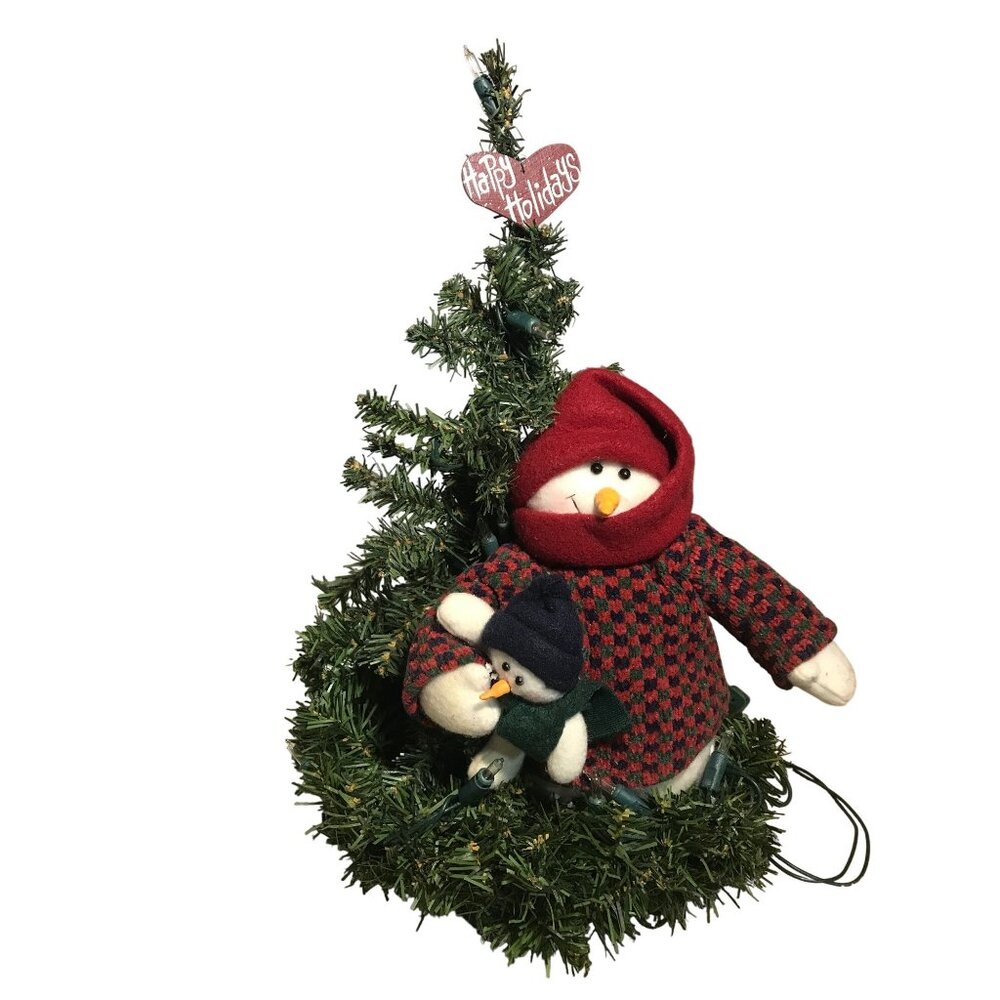 Pre-Lit Mini Christmas Tree With Snowman Family Decoration & Happy Holidays Sign